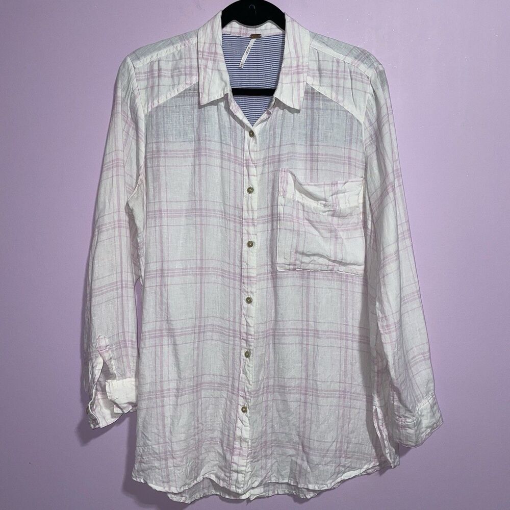 Free People No Limits Linen Button Up Women M White Lavender Plaid Beachy Boho